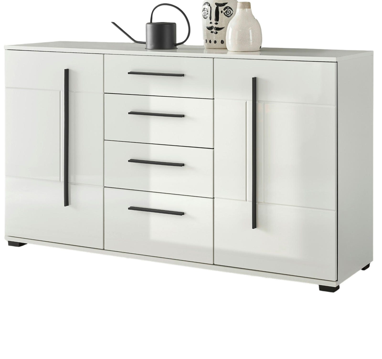 SIDEBOARD weiß Hochglanz 150 cm, Kommode mit Soft-Close - Weiß Hochglanz/Schwarz, Holzwerkstoff/Kunststoff (150/86/42cm) - Furn.Design