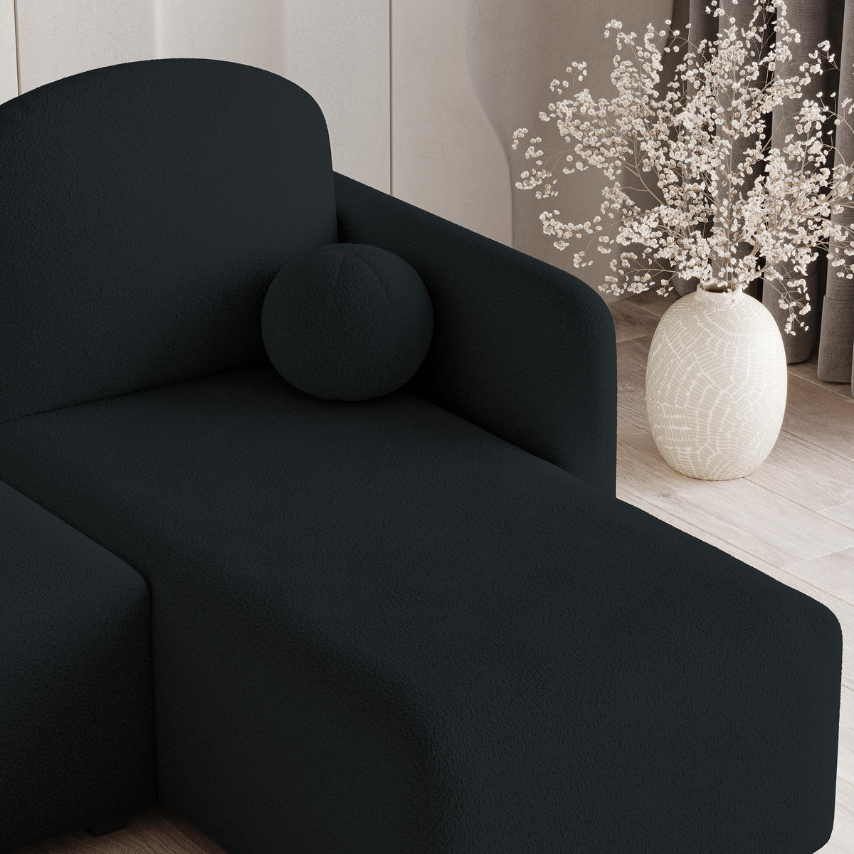 ECKSOFA SUVINO Schwarz Boucle-Stoff mit Schlaffunktion - Schwarz, Holz (230/143cm) - MASSENO