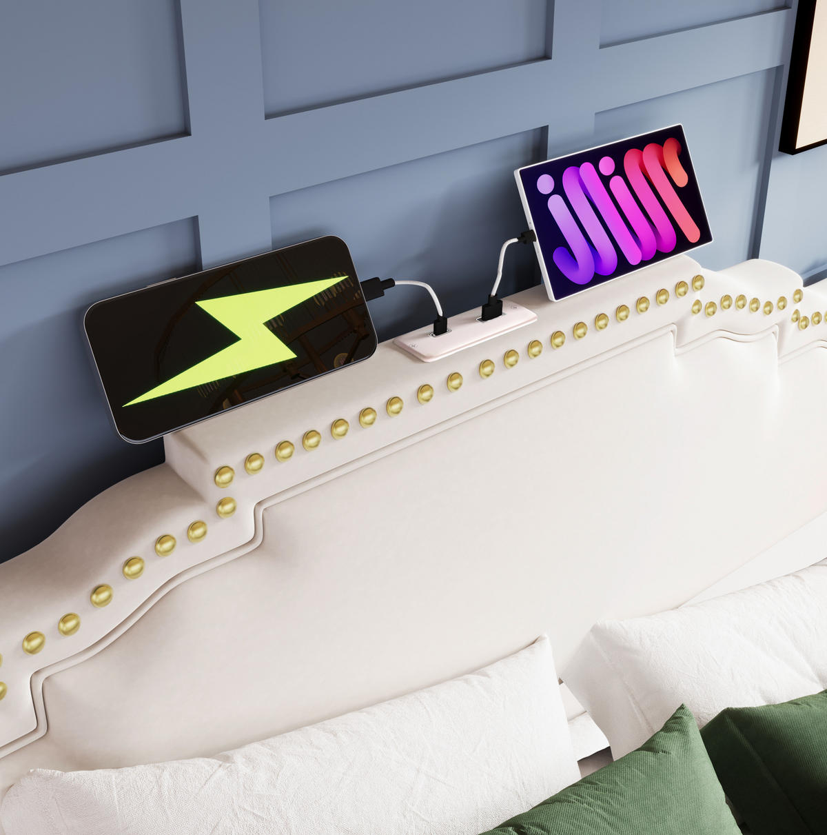 TAPECIRANI krevet od samta 140x200 cm bež s LED rasvjetom, USB i Type-C priključkom te 4 ladice - bež, tekstil (140/200cm) - Modfu
