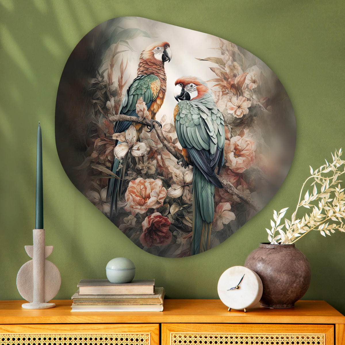 WANDBILD Papageien - Vögel - Natur - Blumen 90x90 cm - Baltimorefarben, Kunststoff (90/90cm) - MuchoWow
