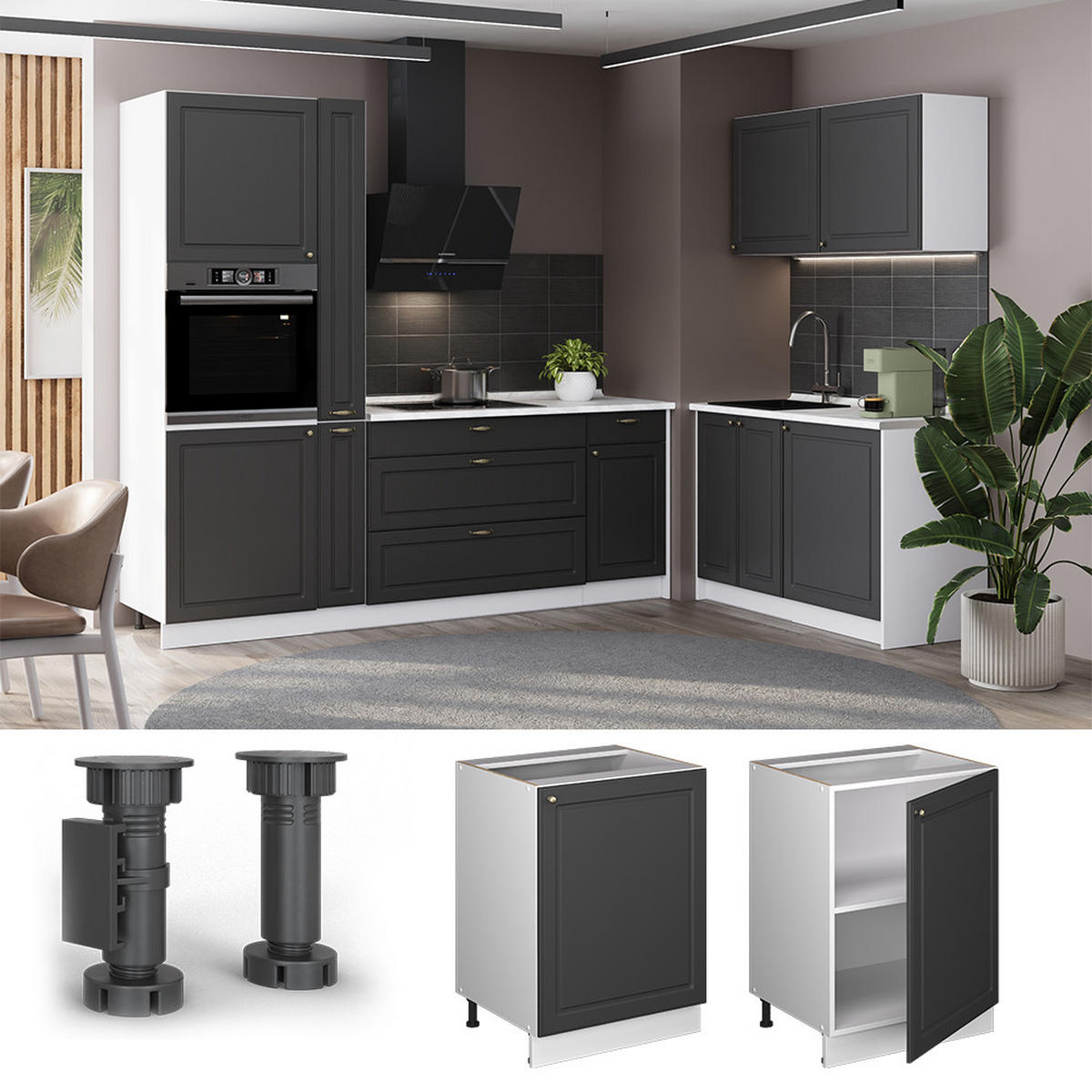 KÜCHENUNTERSCHRANK Fame-Line, Anthrazit-Gold Landhaus/Weiß, 60 cm 1 Tür mit Arbeitsplatte - Anthrazit/Weiß, Holzwerkstoff (60/82/60cm) - Vicco