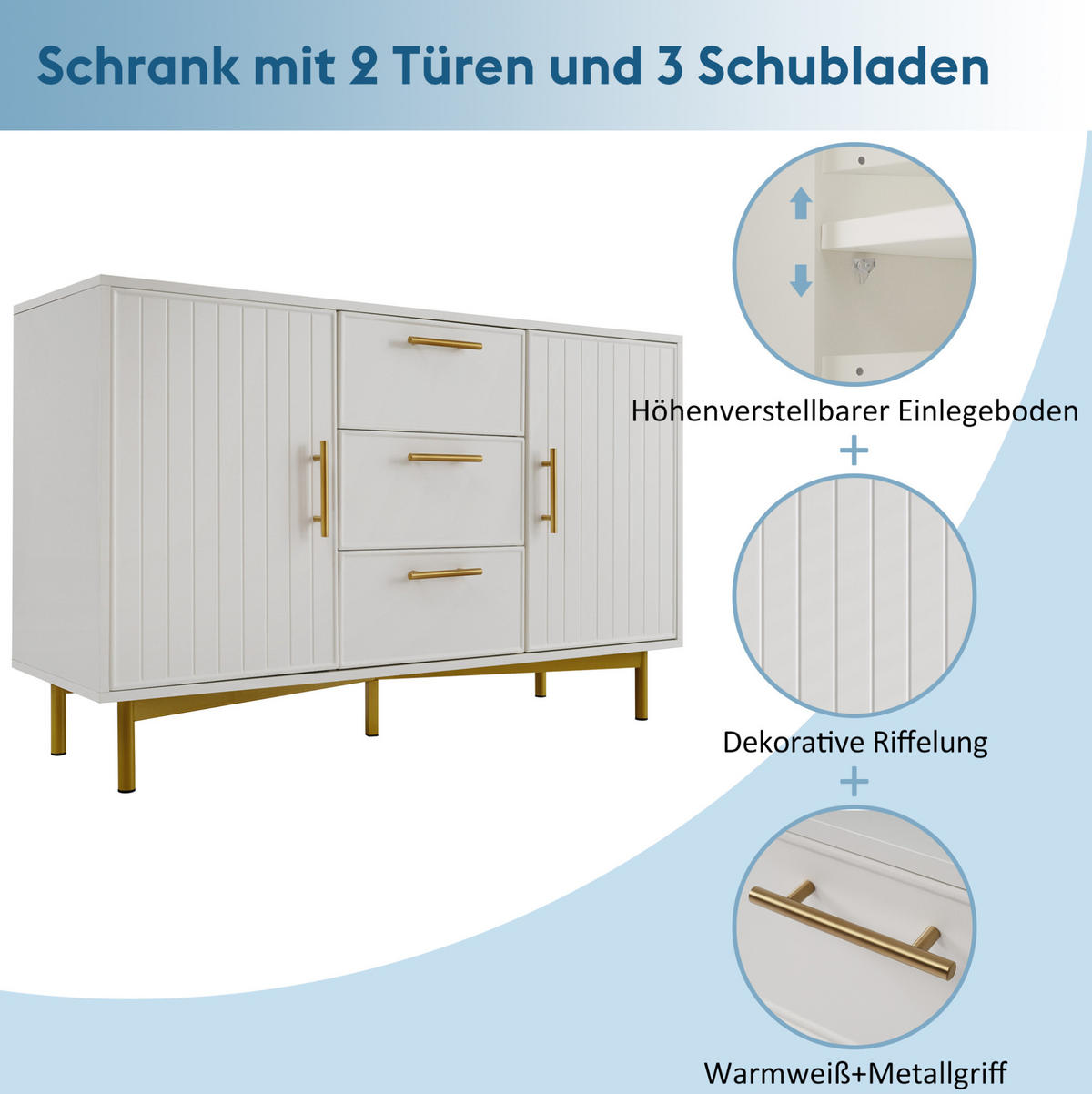KOMMODE 120/40/75 cm in Weiß mit 2 Türen, 3 Schubladen und Metallfuß - Weiß, Holzwerkstoff (120/40/75cm) - Flora Grace