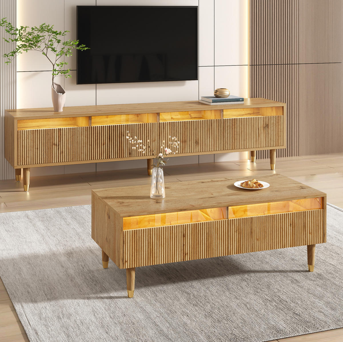 COUCHTISCH aus MDF 178x35x45 cm in Naturfarben mit LED-Beleuchtung & 2 Schubladen - Naturfarben, Holzwerkstoff (178/35/45cm) - Modfu