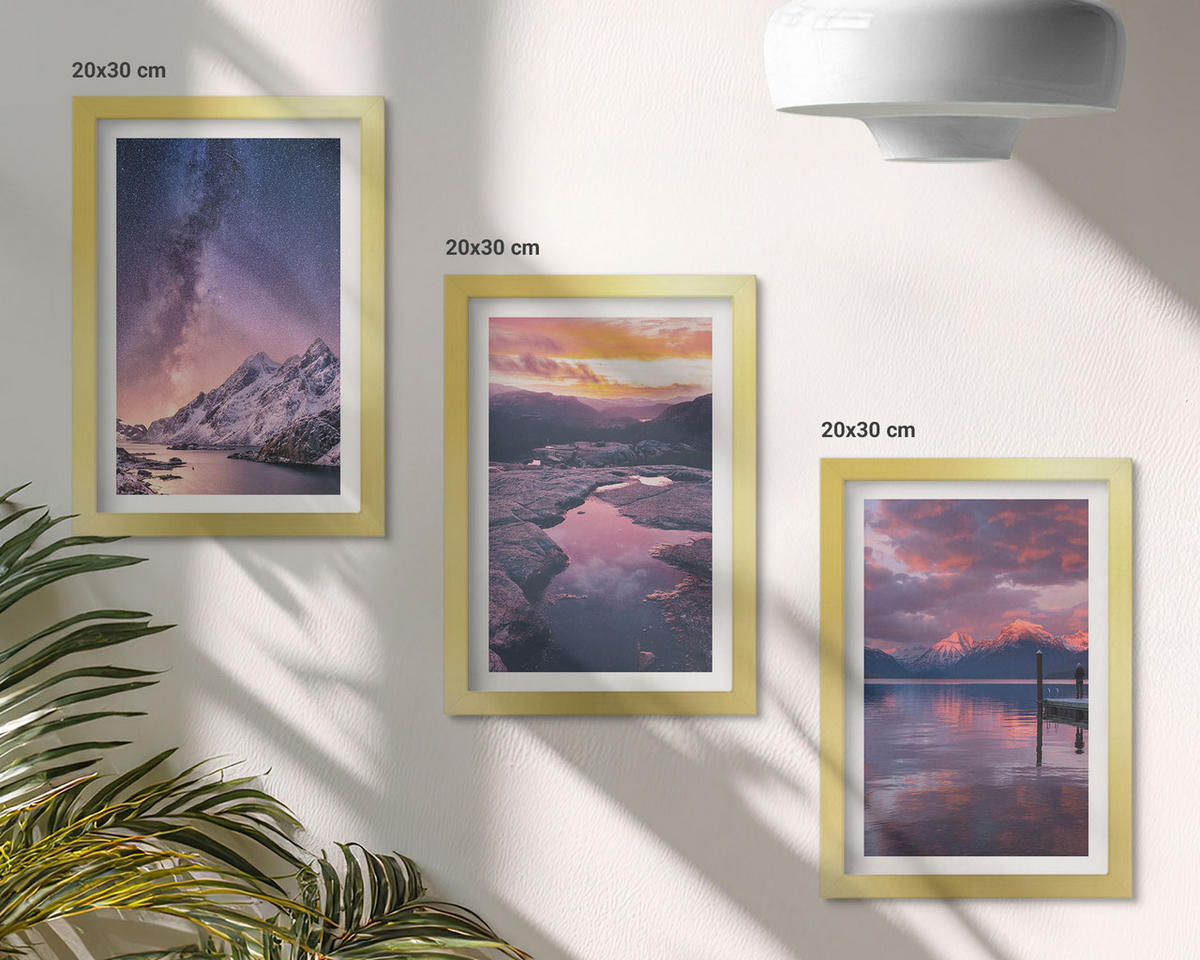 WANDBILDER 3er Set - 20x30 cm Goldrahmen - Berge, Wasser, wunderschöne Landschaften - Goldfarben, Kunststoff (20/30cm) - ArtPrintCave