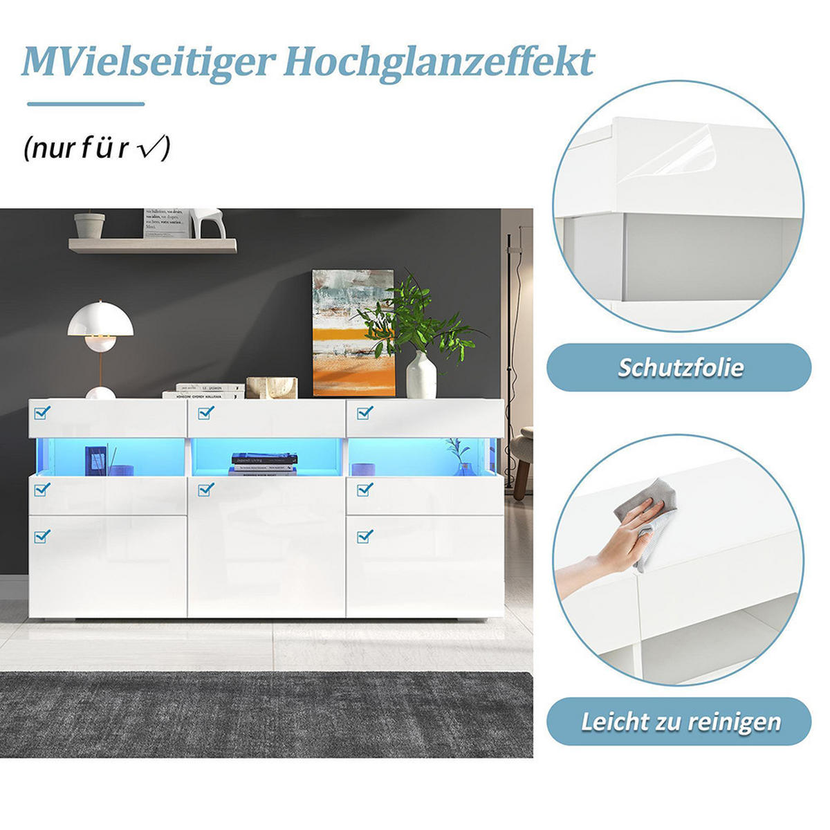SIDEBOARD 140x40.5x66.5cm mit LED-Lichtleiste,Weiß - Weiß, Holzwerkstoff (40.5/66.5/140cm) - KOMHTOM