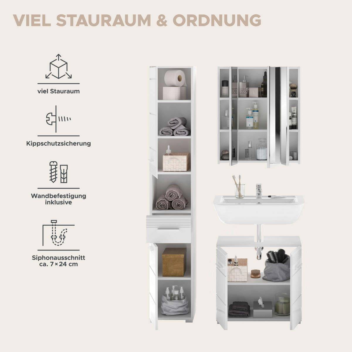 BADMÖBEL Set Linus 3tlg. Bad Kombination in Weiß o. Schwarz (B/H/T: 105x182x34 cm) - Weiß, Holz (105/182/34cm)