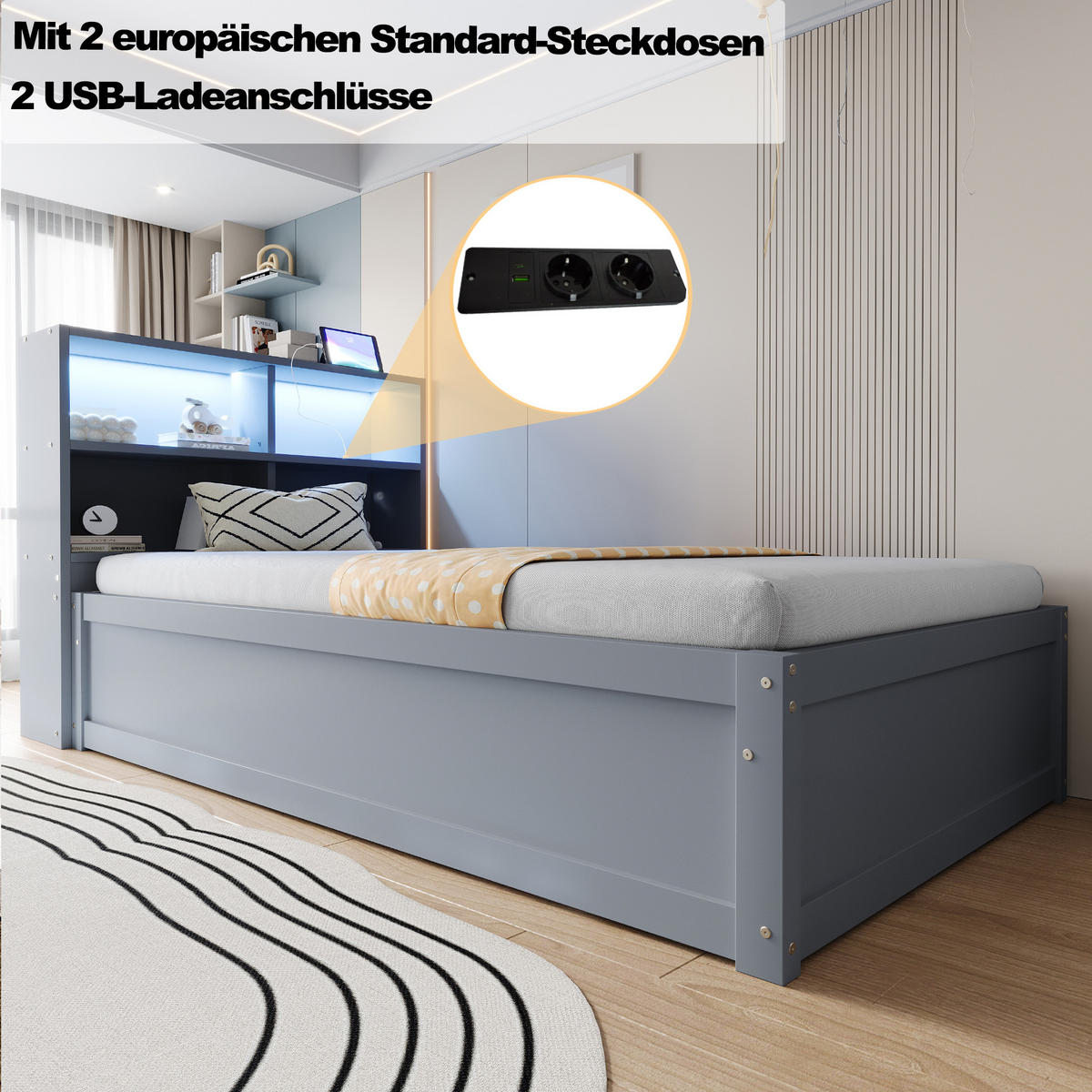 ČALOUNĚNÁ POSTEL 90x200cm Masiv Dřevo LED USB Úložná Šedá - šedá, dřevo (90/200cm) - FLIEKS