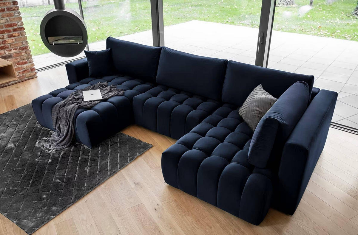 WOHNLANDSCHAFT mit Schlaffunktion und Bettkasten - Schwarz/Dunkelblau, Kunststoff/Textil (340/92/170cm) - Eltap