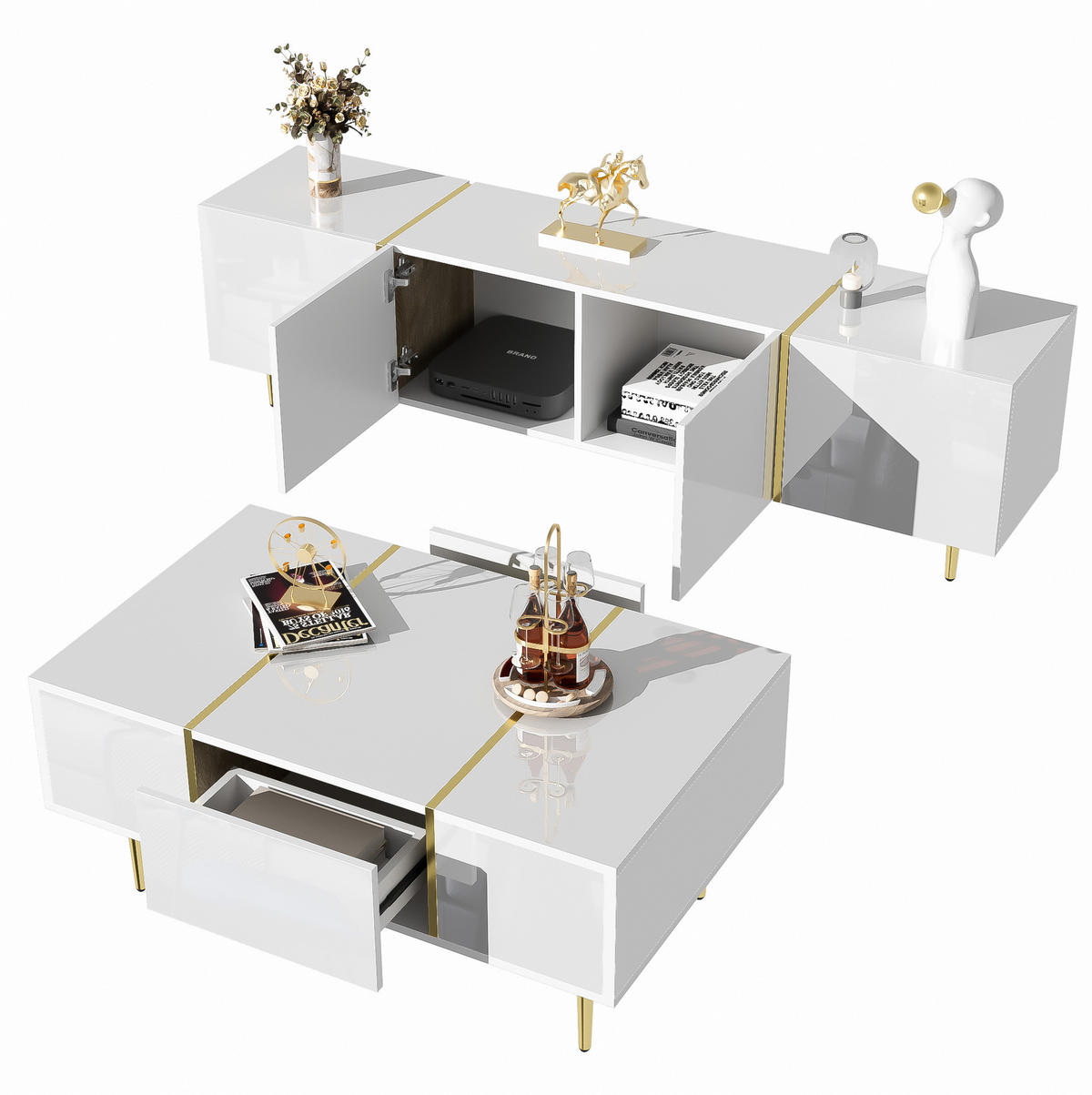 TV-SCHRANK- und Couchtisch-Set aus MDF 170x35x46 / 100x60x41,5 cm Weiß Hochglanz mit Soft-Close und Stauraum - Weiß, Holzwerkstoff (170/46/35cm) - Modfu