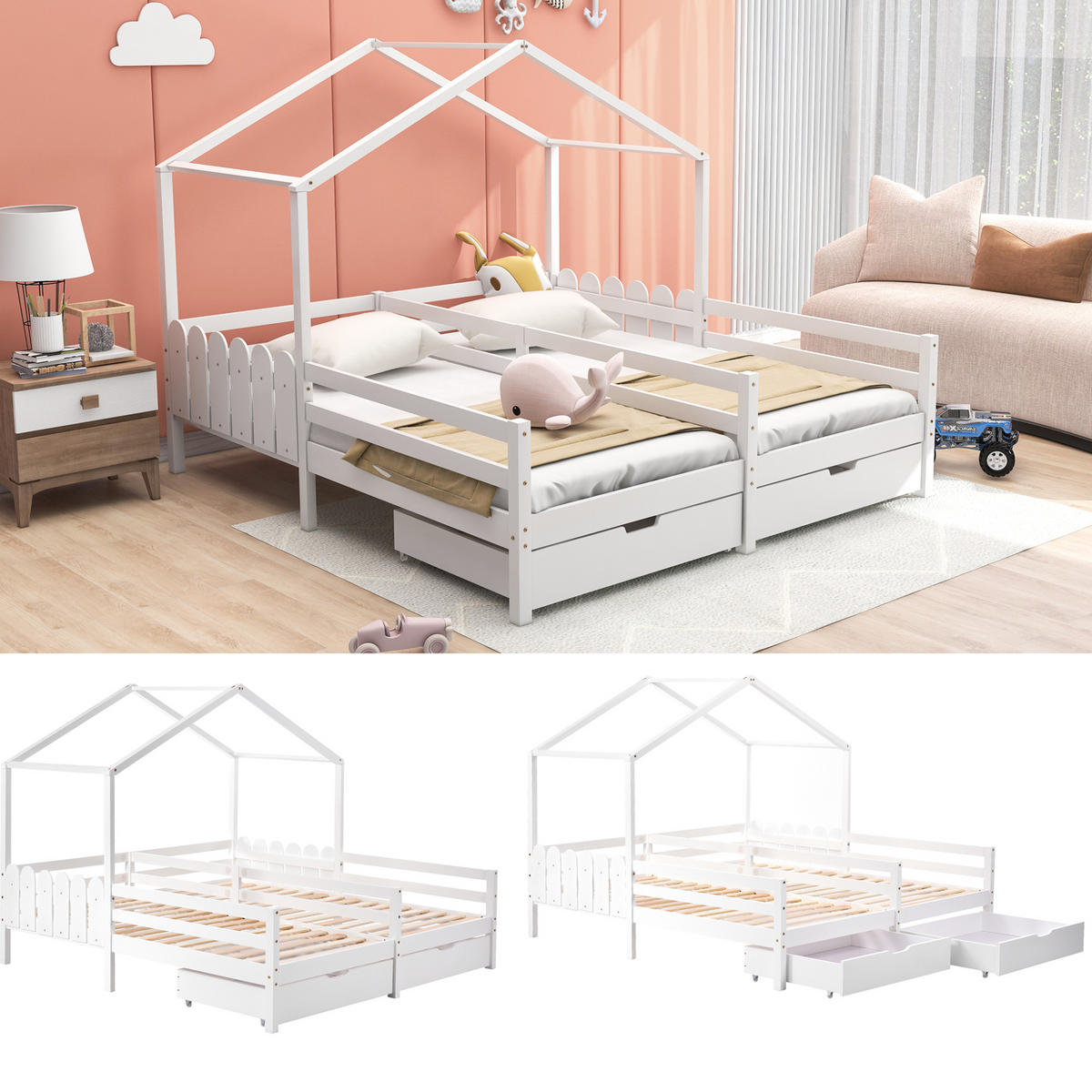 KINDERHAUSBETT aus Kiefer und MDF 200x90 cm Weiß mit 2 Schubladen und Schutzgitter - Weiß, Holzwerkstoff (90/200cm) - IVMEU