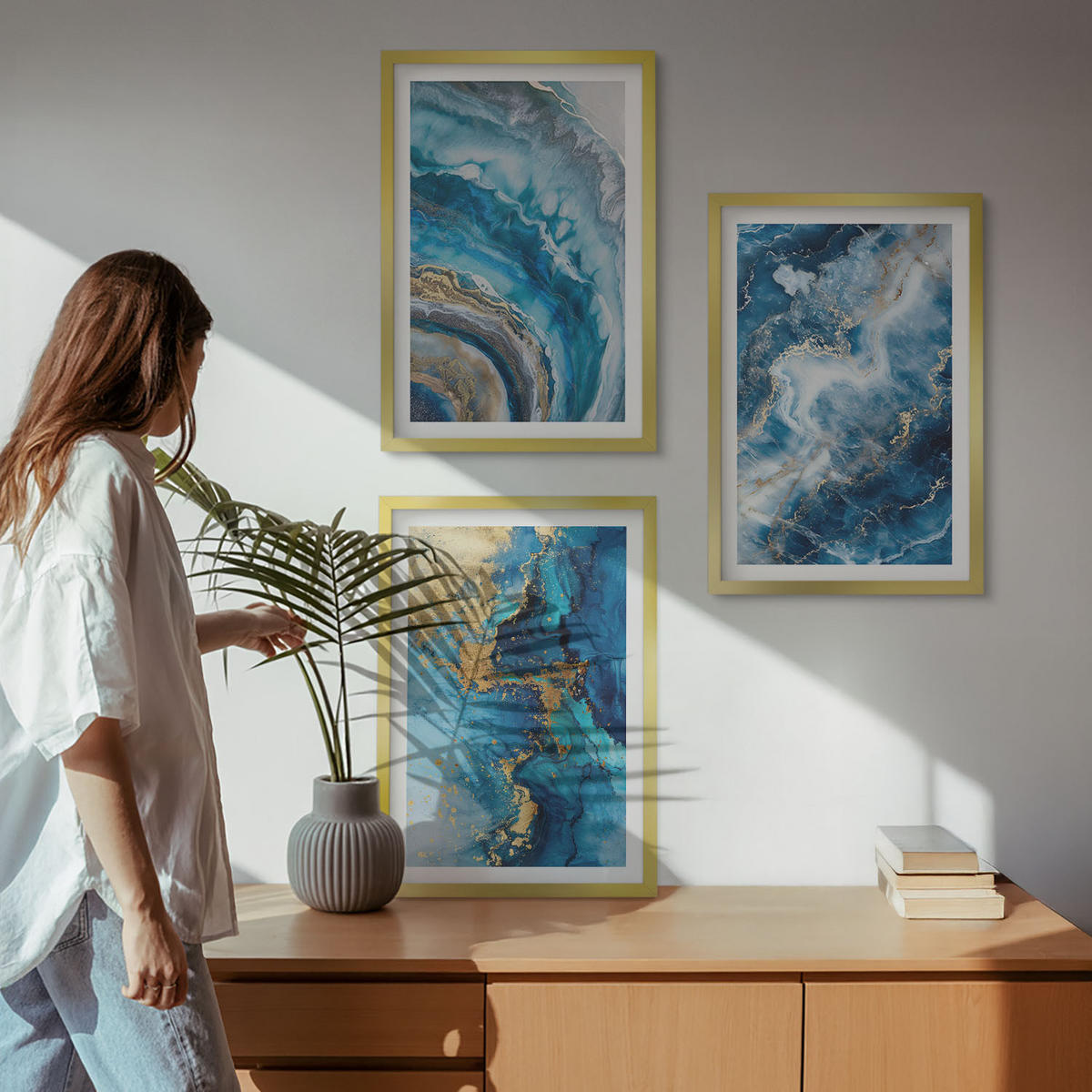 BILDER SET 3er Set - 40x60 cm Goldrahmen - Blaue abstrakte Muster - Goldfarben, Kunststoff (40/60cm) - TULUP