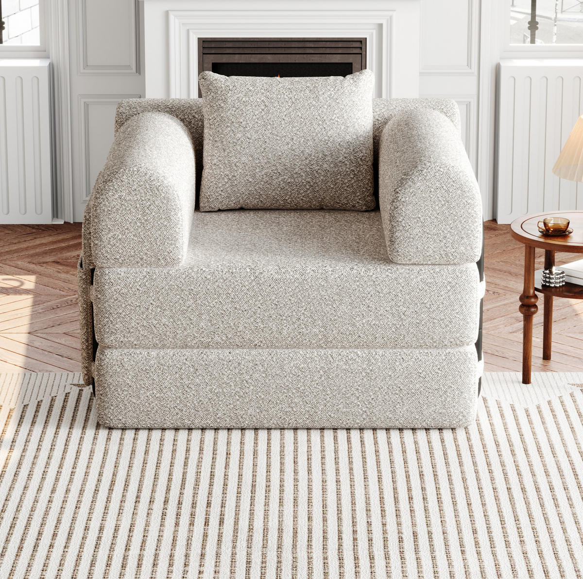 SCHLAFSOFA aus Chenille Khaki 2-in-1 mit Armlehnen-Staufach und Stahlrahmen - Naturfarben, Textil (94/49.5/181.6cm) - Modfu