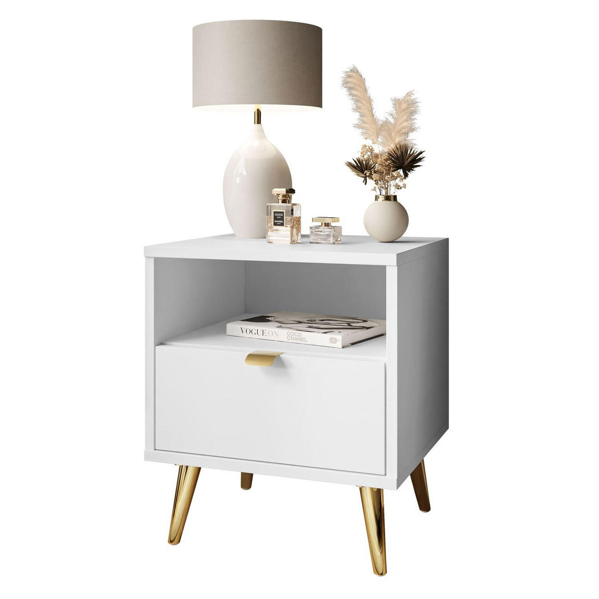 NACHTTISCH ALDO mit LED-Beleuchtung weiß - Weiß, Holzwerkstoff (38/46/33cm) - Lookway