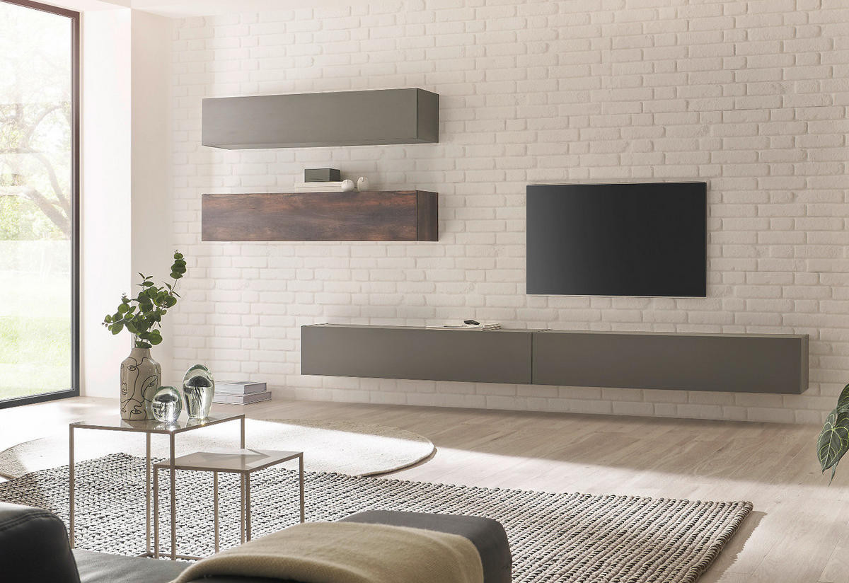 WOHNWAND Thermo Eiche, grau, Wohnkombination 4-teilig mit Soft-Close 327 cm - Eichefarben/Grau, Holzwerkstoff (327/170/45cm) - Furn.Design