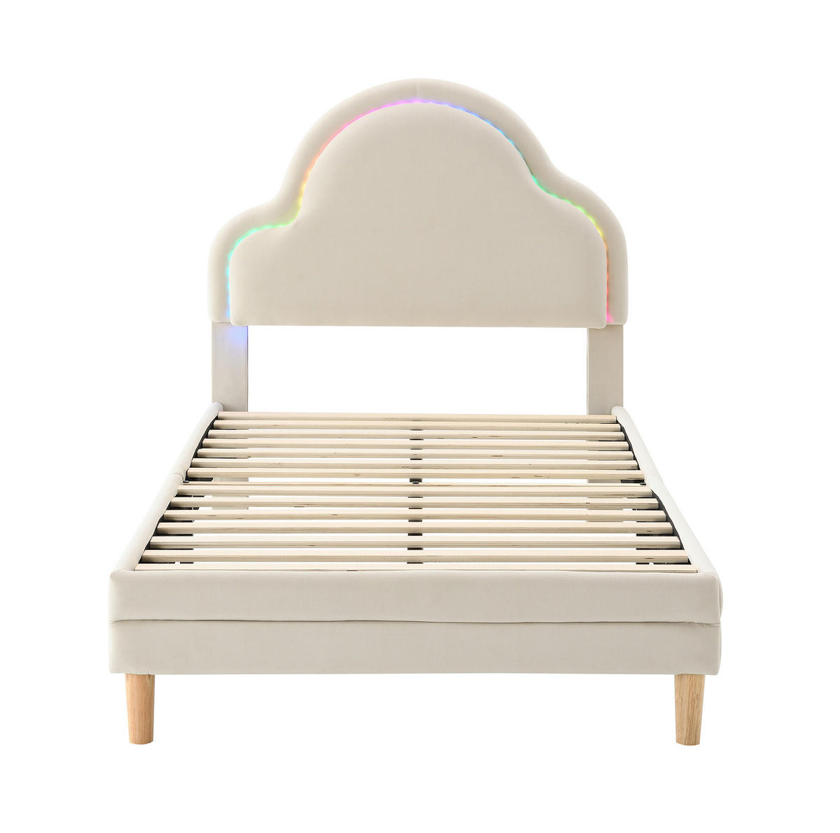KINDERBETT 90/200 cm mit LED-Lichtleiste und wolkenförmigem Kopfteil, Samt, Beige - Beige, Textil (90/200cm) - Redom