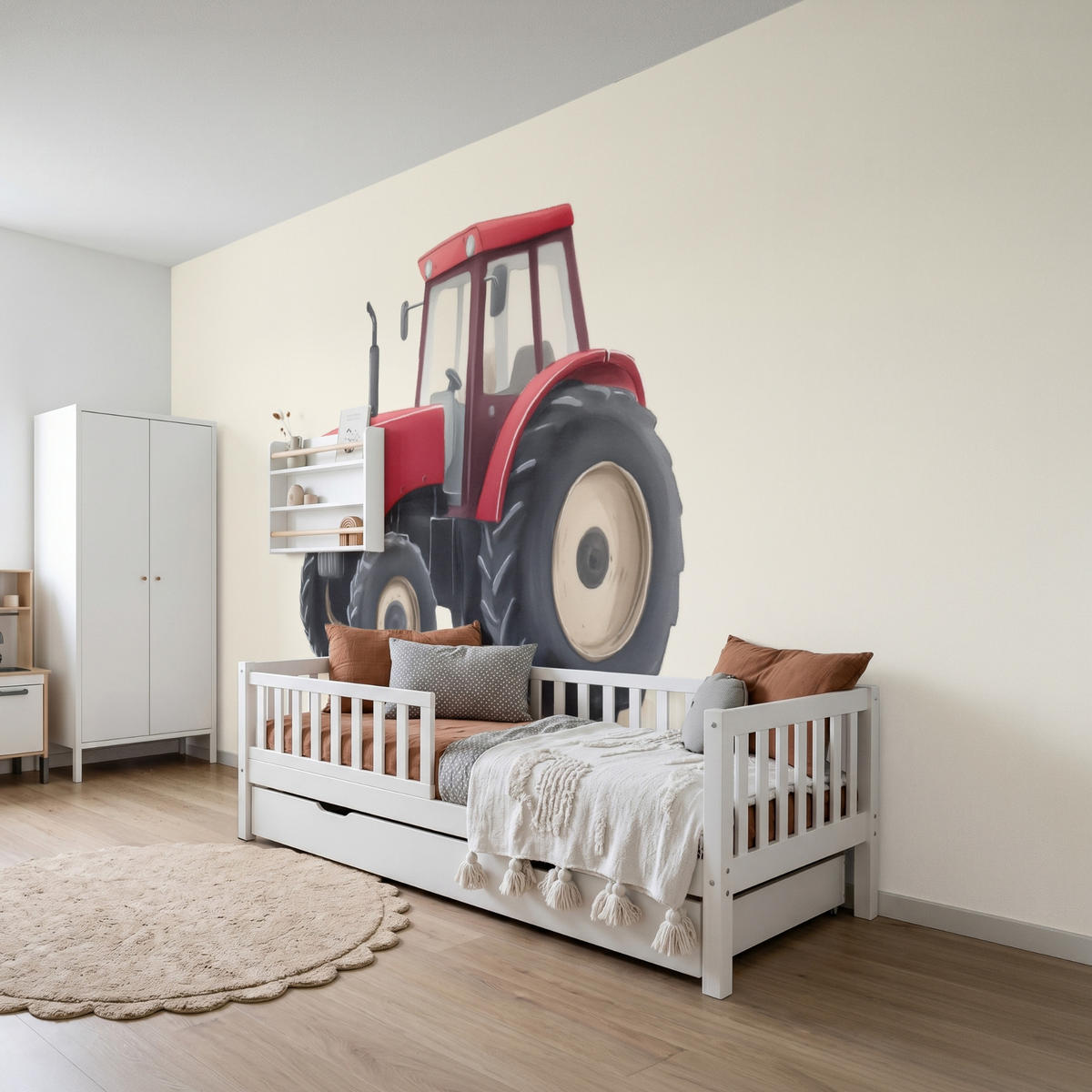 KINDERTAPETE - Traktor - Minimalistisch - Illustration - Rot - 450x220 cm - Rot, Papier (450/220cm) - OnlyWow