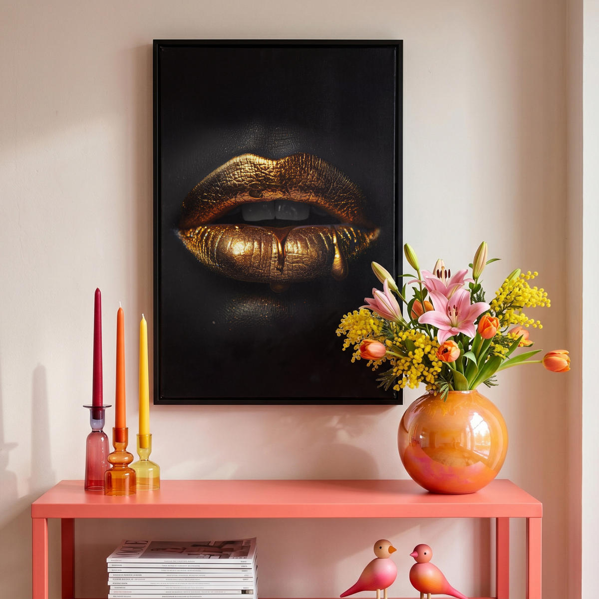 LEINWAND Bilder mit Rahmen - Frau - Porträt - Lippen - Gold - Schwarz - 40x60 - Schwarz, Textil (40/60cm) - MuchoWow