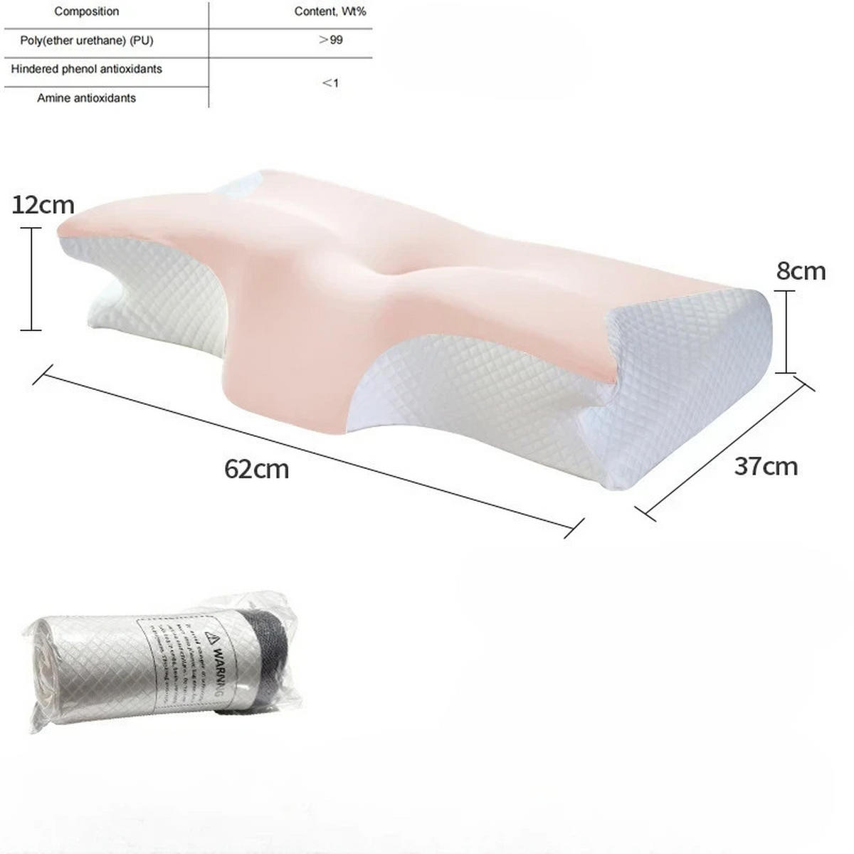 NACKENKISSEN ，Ergonomisches , 62 x 37 x 12 cm - Hellrosa, Textil (62/37cm)