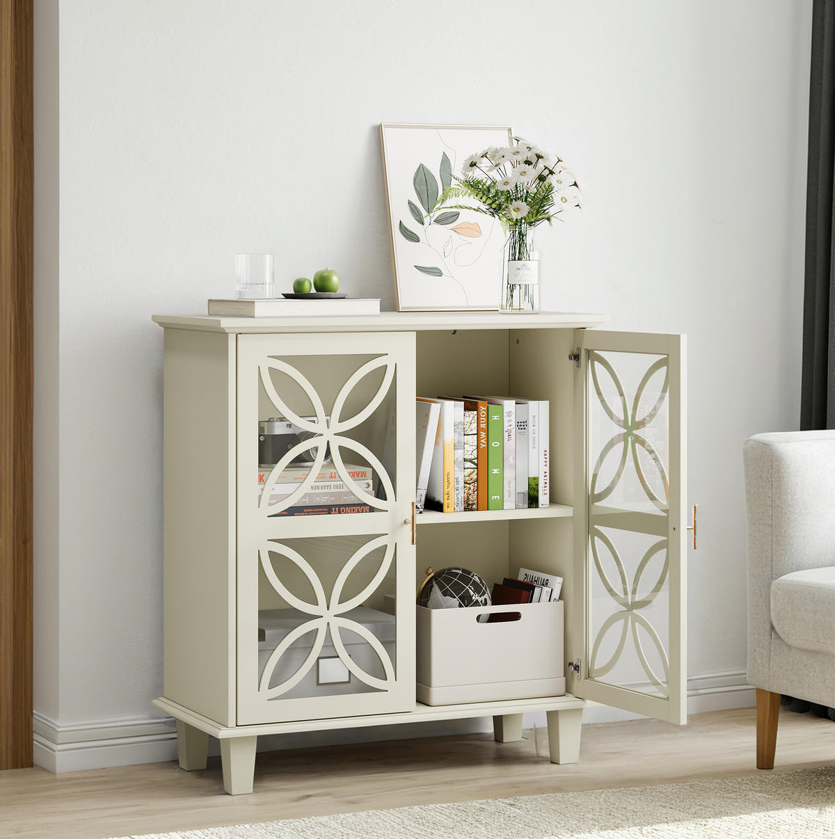 KOMODA 1-dverová, MDF/drevotrieska, krémová, s úložným priestorom,80/87/38 cm - krémová, kompozitné drevo (80/87/38cm) - BEAOK