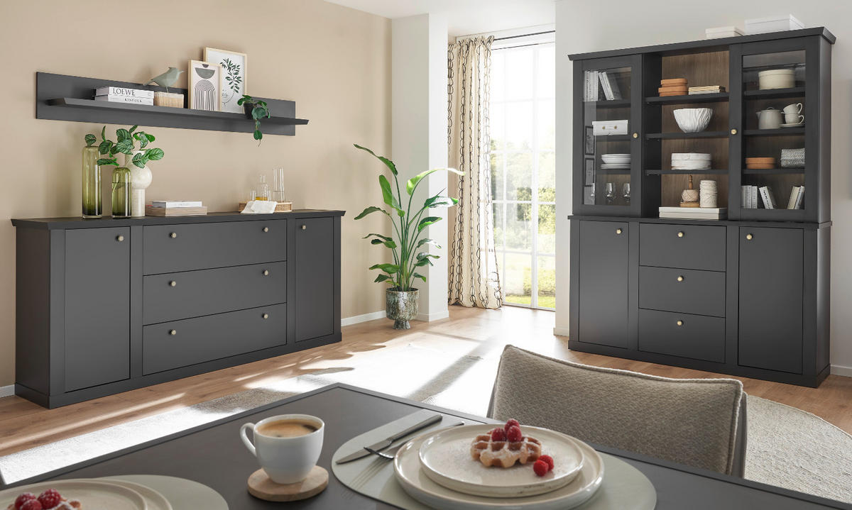 BUFFET schwarz matt, Eiche 158 cm, Buffetschrank Landhaus mit Soft-Close - Eichefarben/Messingfarben, Glas/Holzwerkstoff (158/201/42cm) - Furn.Design