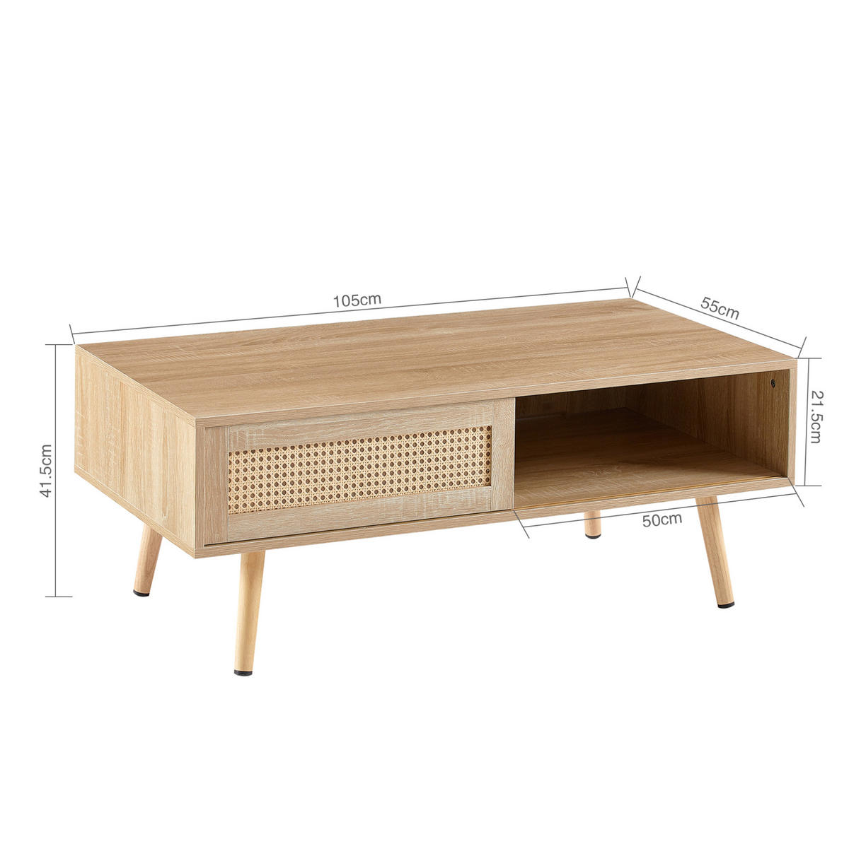 KONFERENČNÍ stolek 105/55/40 cm přírodní z MDF s ratanovými posuvnými dvířky - hnědá, kompozitní dřevo (105/55/40cm) - OKWISH