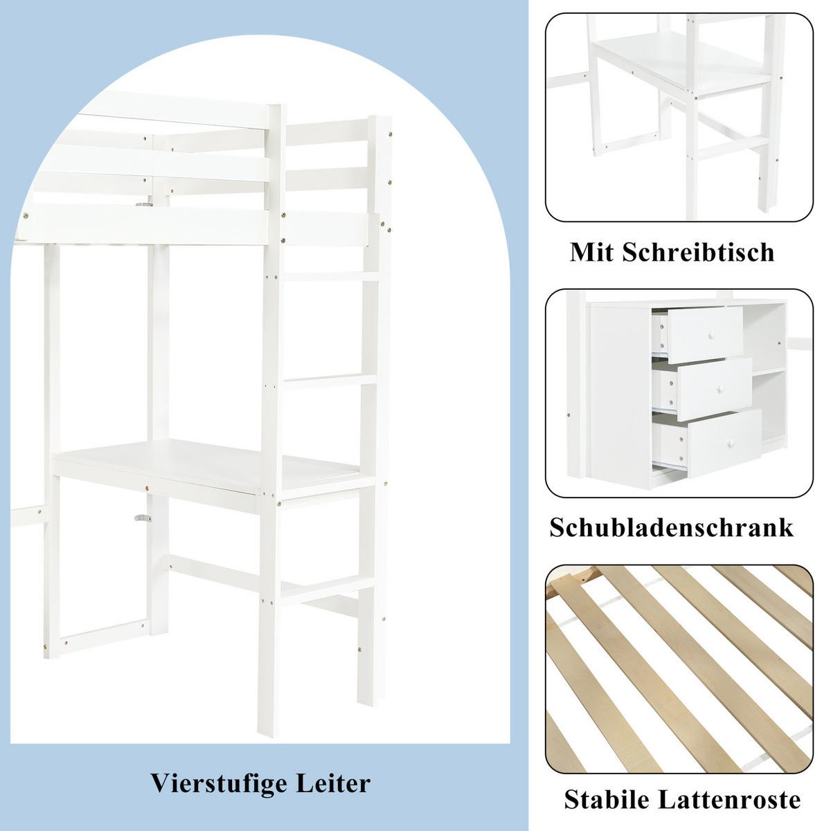 HOCHBETT 90/200 cm Weiß mit Schreibtisch und Stauraum ohne Matratze - Weiß, Holz (90/200cm) - MIVRAY