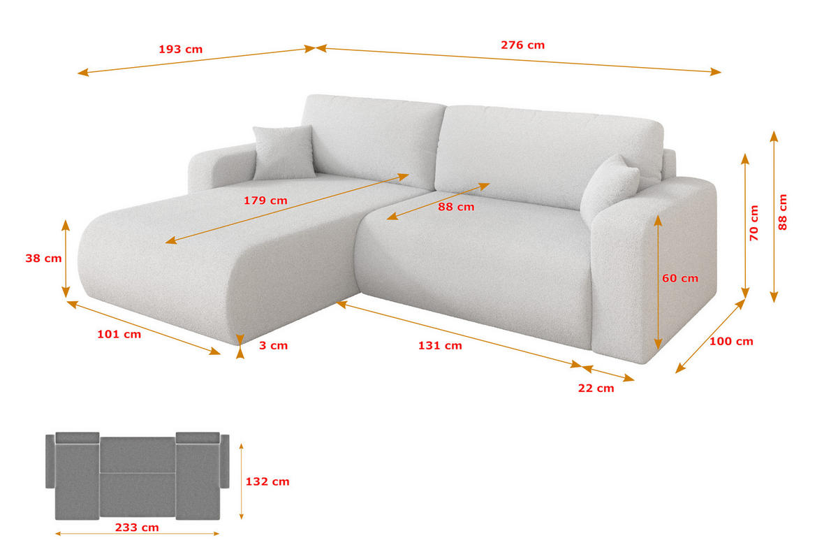 ROHOVÁ SEDAČKA s funkcí spaní, otoman vlevo BERY-L 276x193x88 bílá bouclé - bílá/černá, kompozitní dřevo/textil (276/193cm) - ALTDECOR