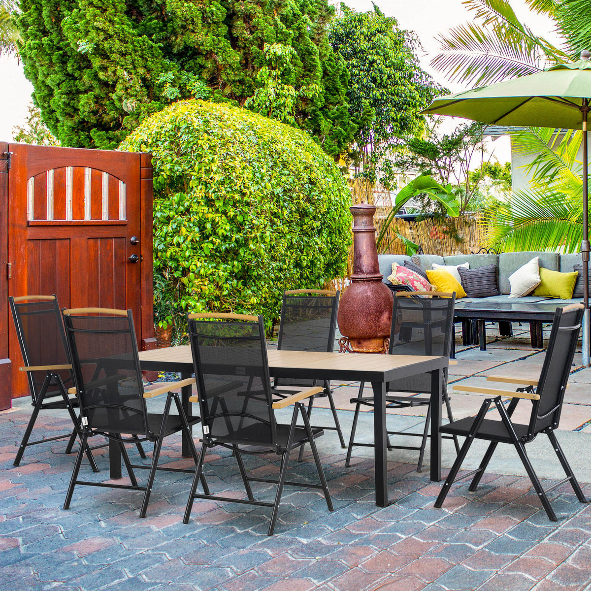 GARTENTISCHGRUPPE DE-18099 klappbar, Neigungsverstellung 7-fach Schwarz - Naturfarben, Metall - ComfortXL