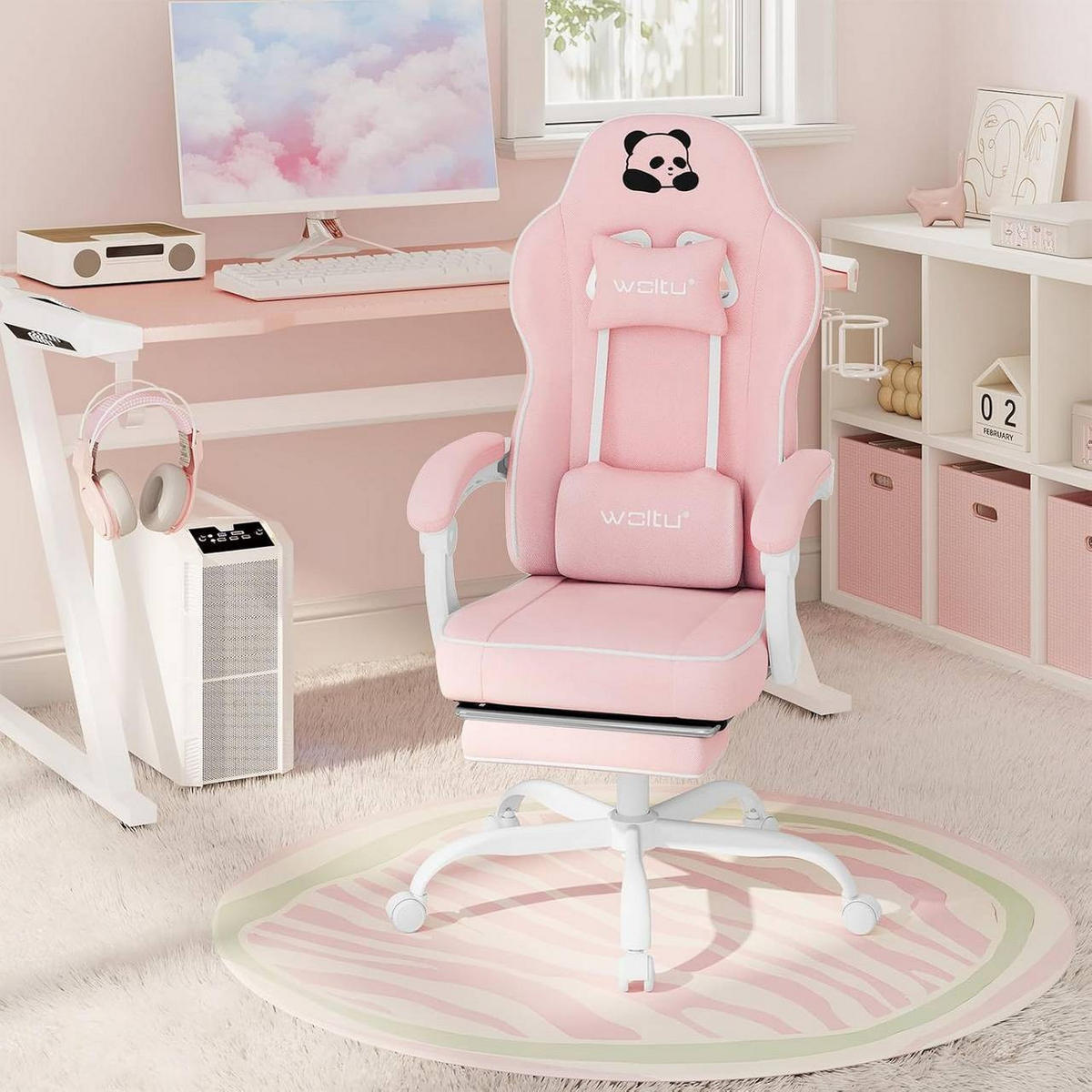GAMINGSTUHL mit Taschenfederkissen, Netzstoff, Rosa - Weiß/Rosa, Textil/Metall (70/125.5/70cm) - Woltu