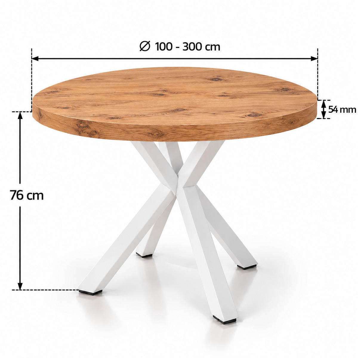 ESSTISCH rund ausziehbar 100-300/100/76 cm, Eiche Craft, 54 cm Tischplatte + X Metallbeine Weiß - Eichefarben/Weiß, Holzwerkstoff/Metall (100/100/76cm) - Damale Möbel