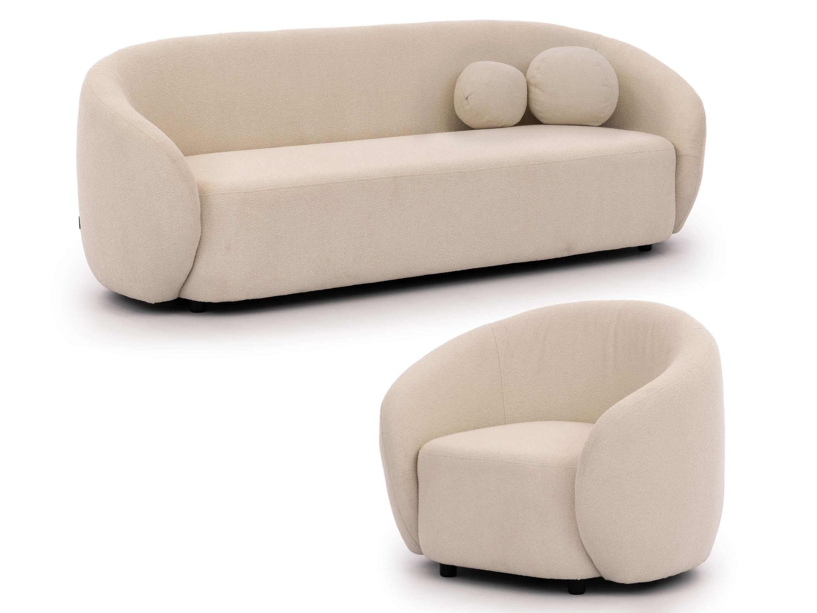 SITZGARNITUR 3+1 Roundi Cremeweiß Bouclé - Creme/Schwarz, Holz/Kunststoff (208/76/80cm) - S-Style Möbel