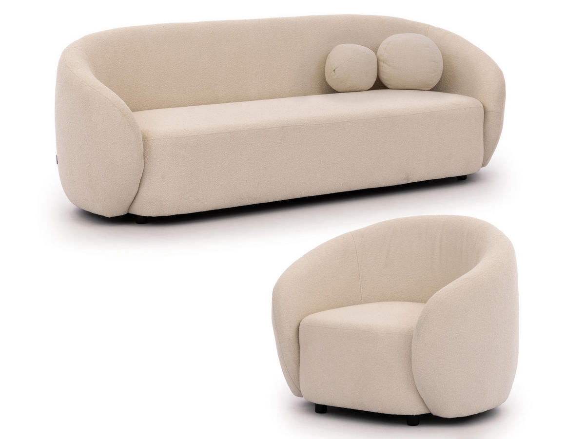 SITZGARNITUR 3+1 Roundi Cremeweiß Bouclé - Creme/Schwarz, Holz/Kunststoff (208/76/80cm) - S-Style Möbel
