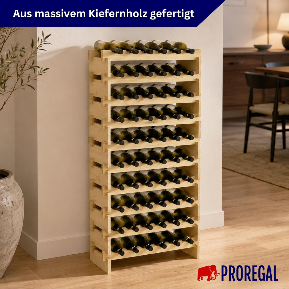 WEINREGAL NAVARRA aus Holz 135x65x28cm 60 Flaschen auf 10 Ebenen Natur unbehandelt - Naturfarben, Holz (65/135/28cm) - PROREGAL