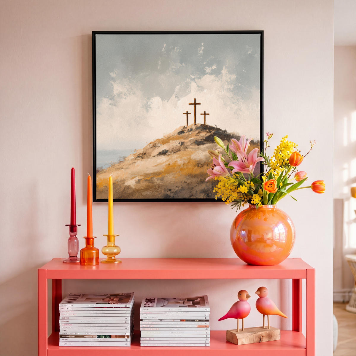 LEINWAND Bilder mit Rahmen - Hügel - Abstrakt - Christentum - Kreuz - 50x50 - Hellgrau, Textil (50/50cm) - MuchoWow