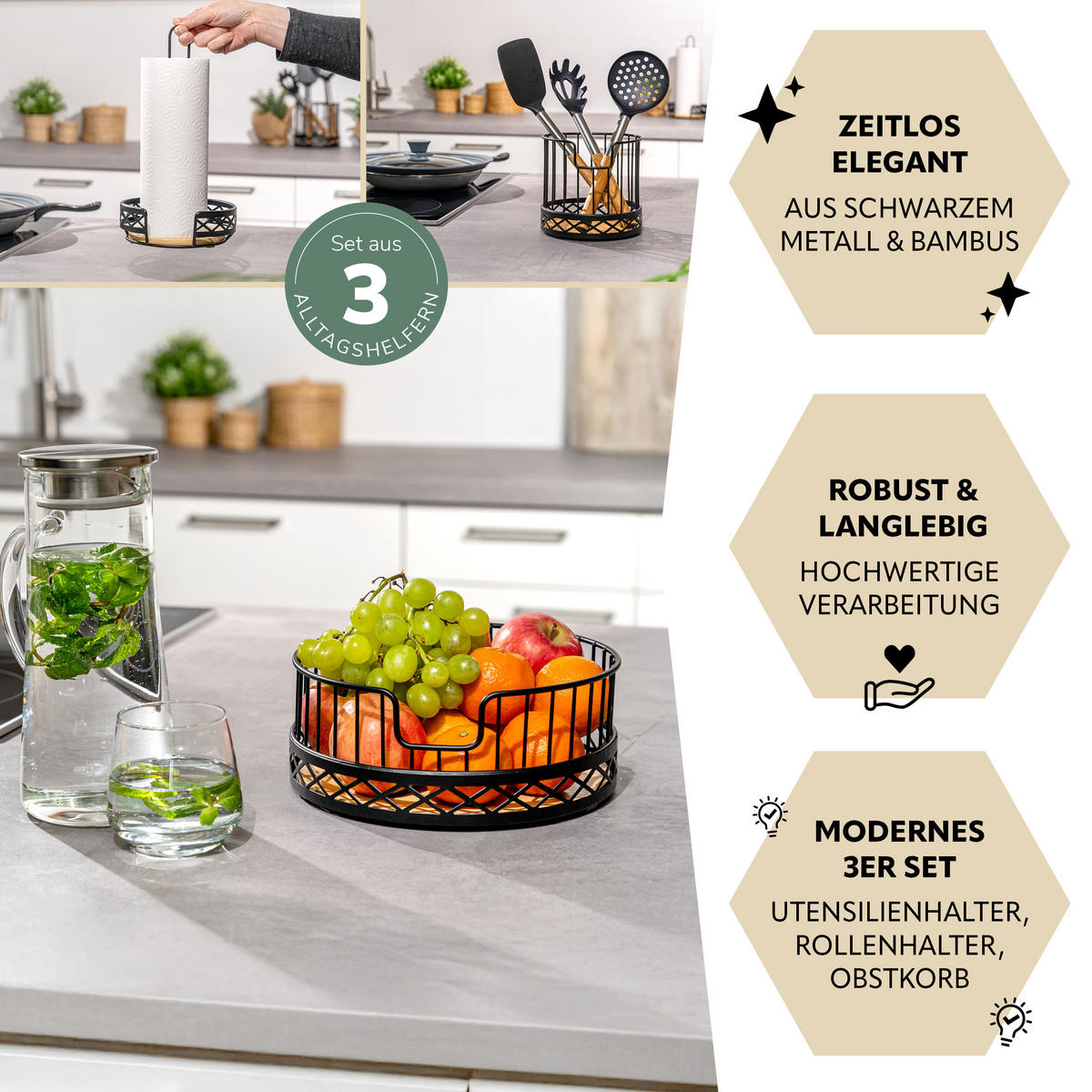 KÜCHENUTENSILIEN 3er Set, Metall, Bambus, schwarz - Schwarz, Metall (23.5/9.5/23.5cm) - bremermann