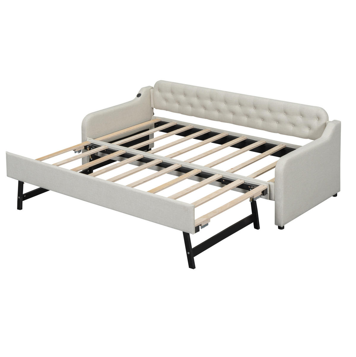 POLSTERBETT 90/200cm mit ausziehbarem Rollbett und USB-Anschluss Beige - Beige, Textil (90/200cm) - OKWISH