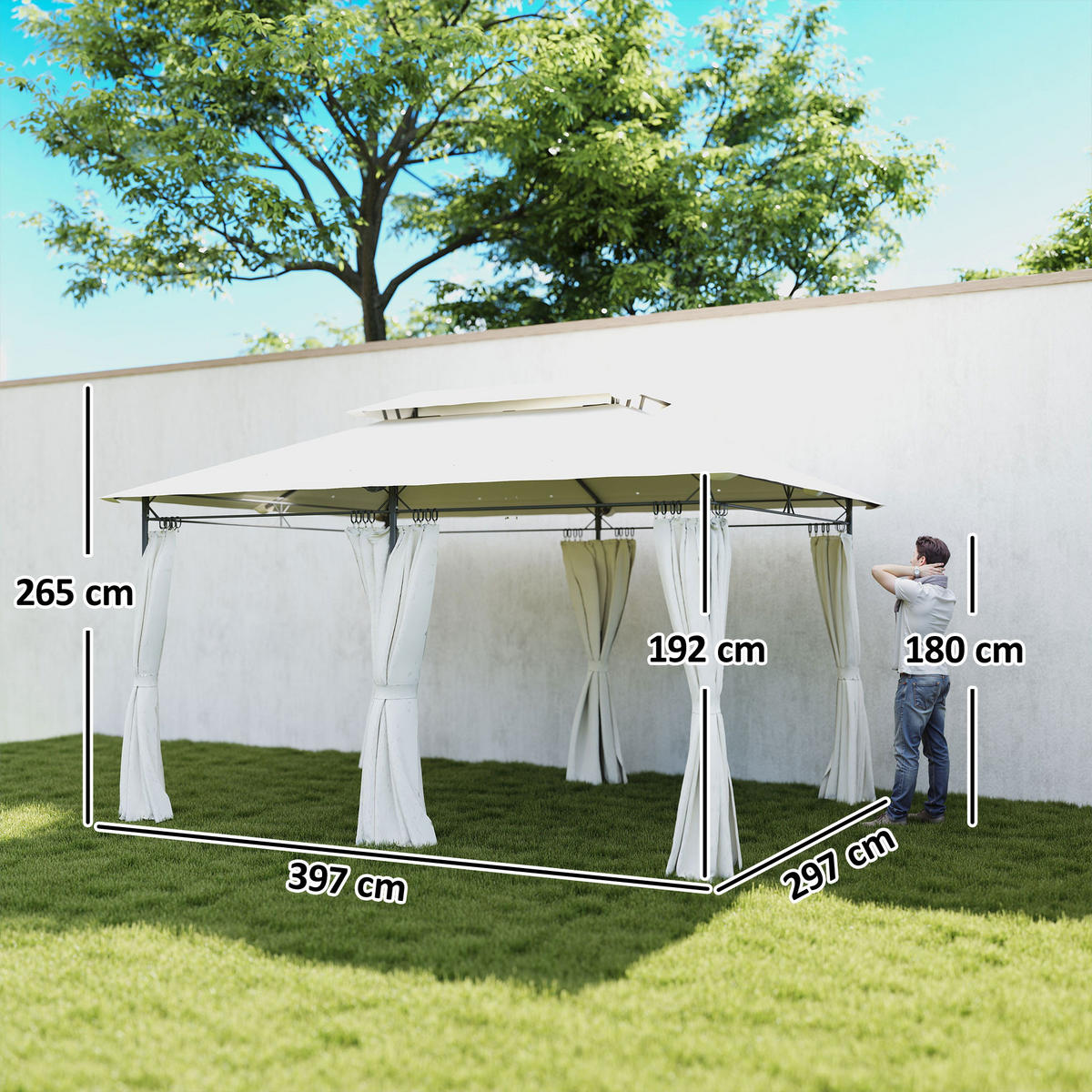 PAVILLON mit Doppeldach & 6 Seitenteile Cremeweiß - Creme, Textil/Metall (297/273/397cm) - Outsunny