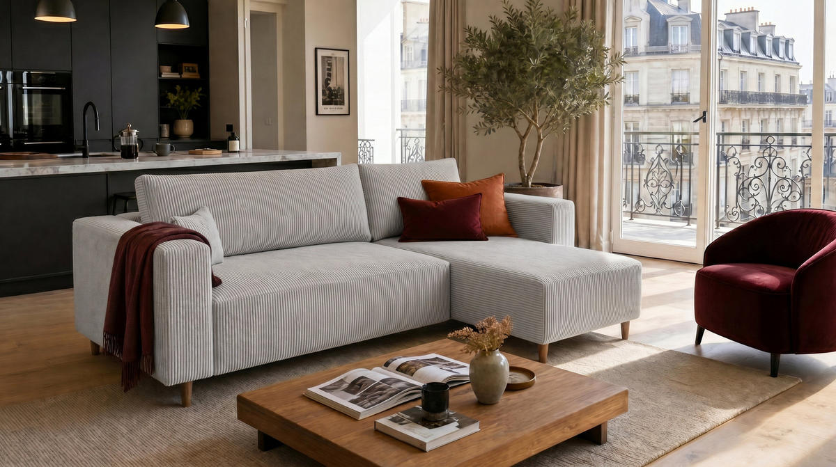 ECKSOFA mit Schlaffunktion und Bettkasten Rio, Ecksofa Cordstoff Hellgrau, Ottomane Universal, 249x142 cm - Hellgrau, Textil (249/142cm) - Marpur