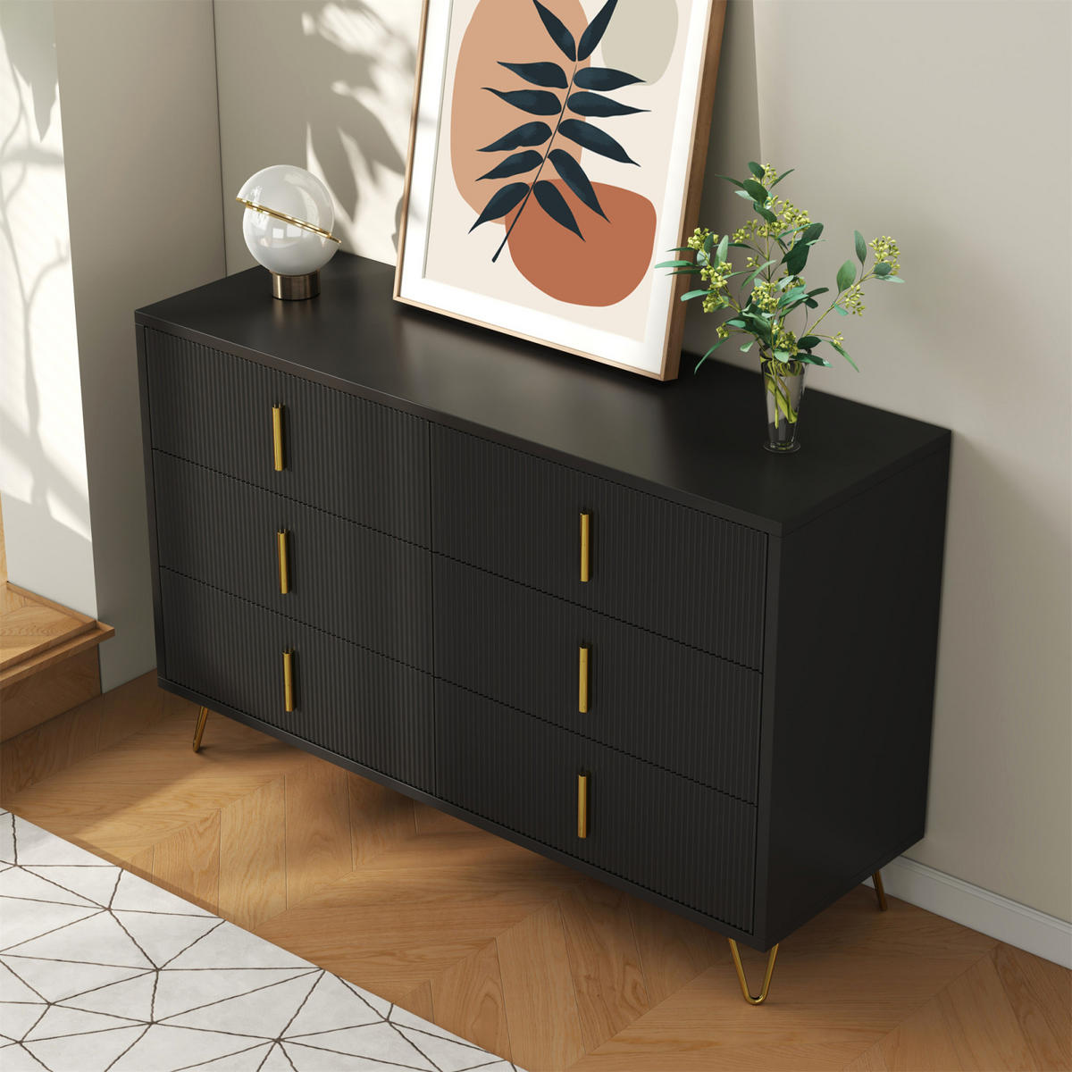 SIDEBOARD Schwarz, 6 Schubladen, modernes Eckdesign - Schwarz, Holz (120/77/40cm)