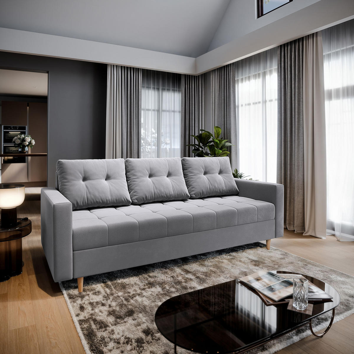 BETTSOFA MILO Hellgrau Plüsch-Stoff mit Schlaffunktion - Hellgrau, Textil (220/93/87cm) - MASSENO