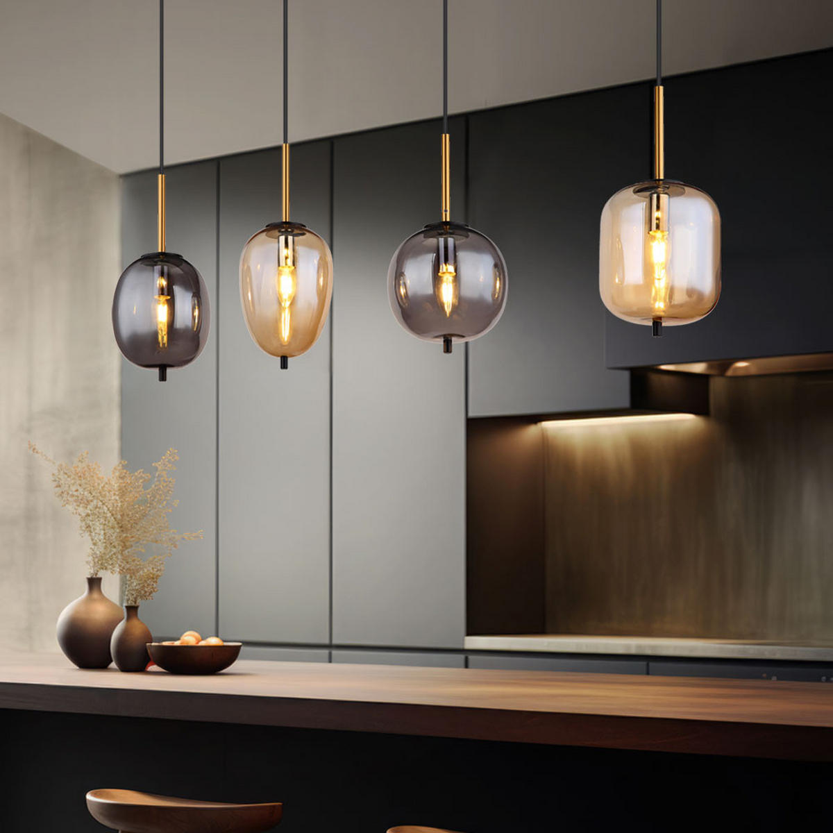 HÄNGELEUCHTE Metall Schwarz Amber-Glas 4-Flammig - Schwarz, Glas (110/18.5/120cm) - Globo Lighting