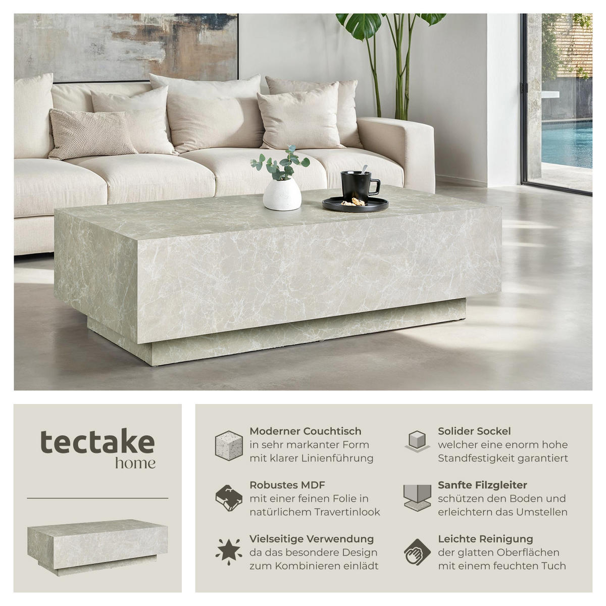 COUCHTISCH Lasley,inkl. Bodenschoner, Belastbarkeit 45 kg,Travertin Optik - Beige, Holz (60/120/35cm) - tectake