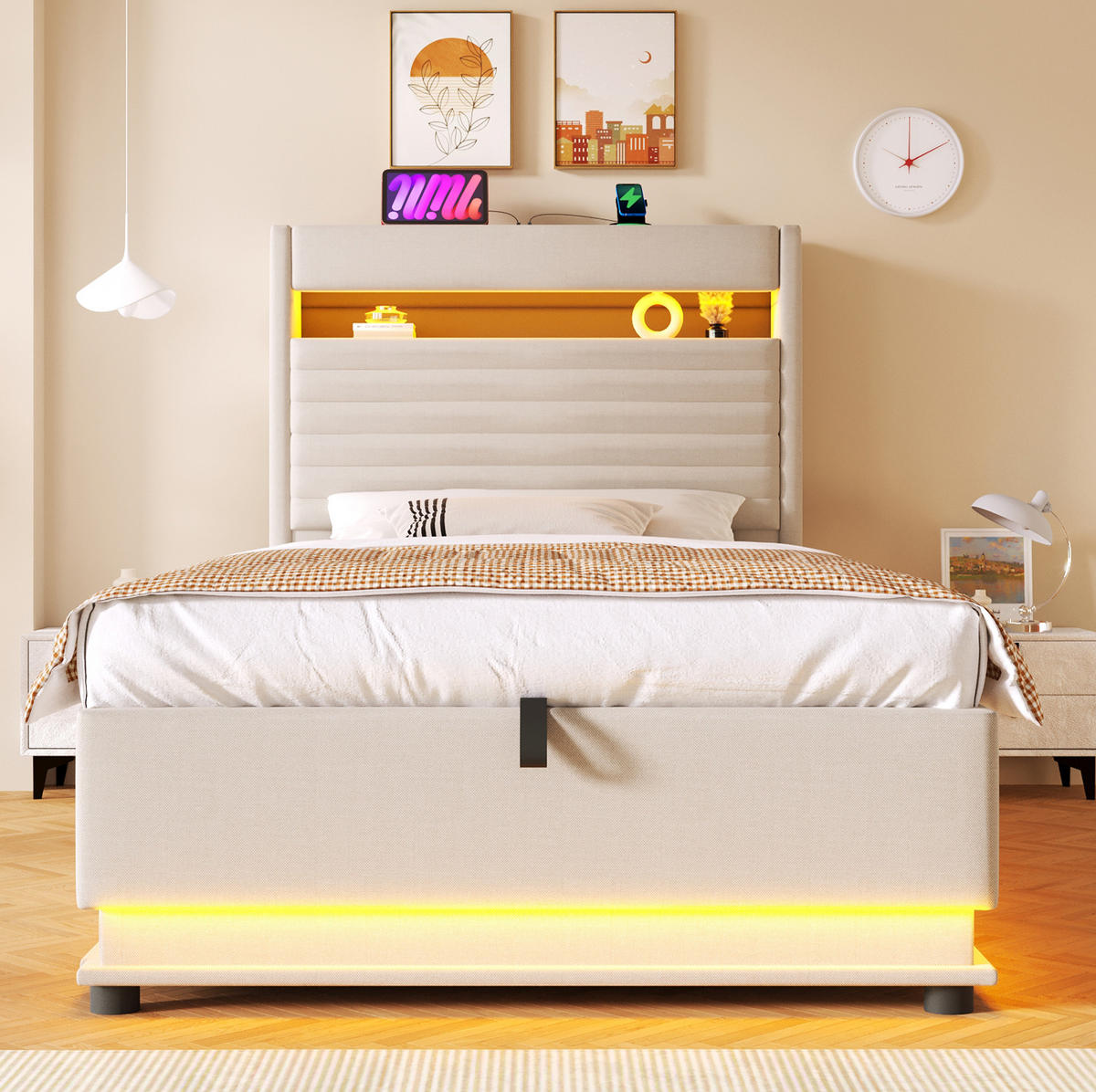 POLSTERBETT mit Stauraum 90x200 cm Leinen Beige - Beige, Metall (90/200cm) - Meubliv