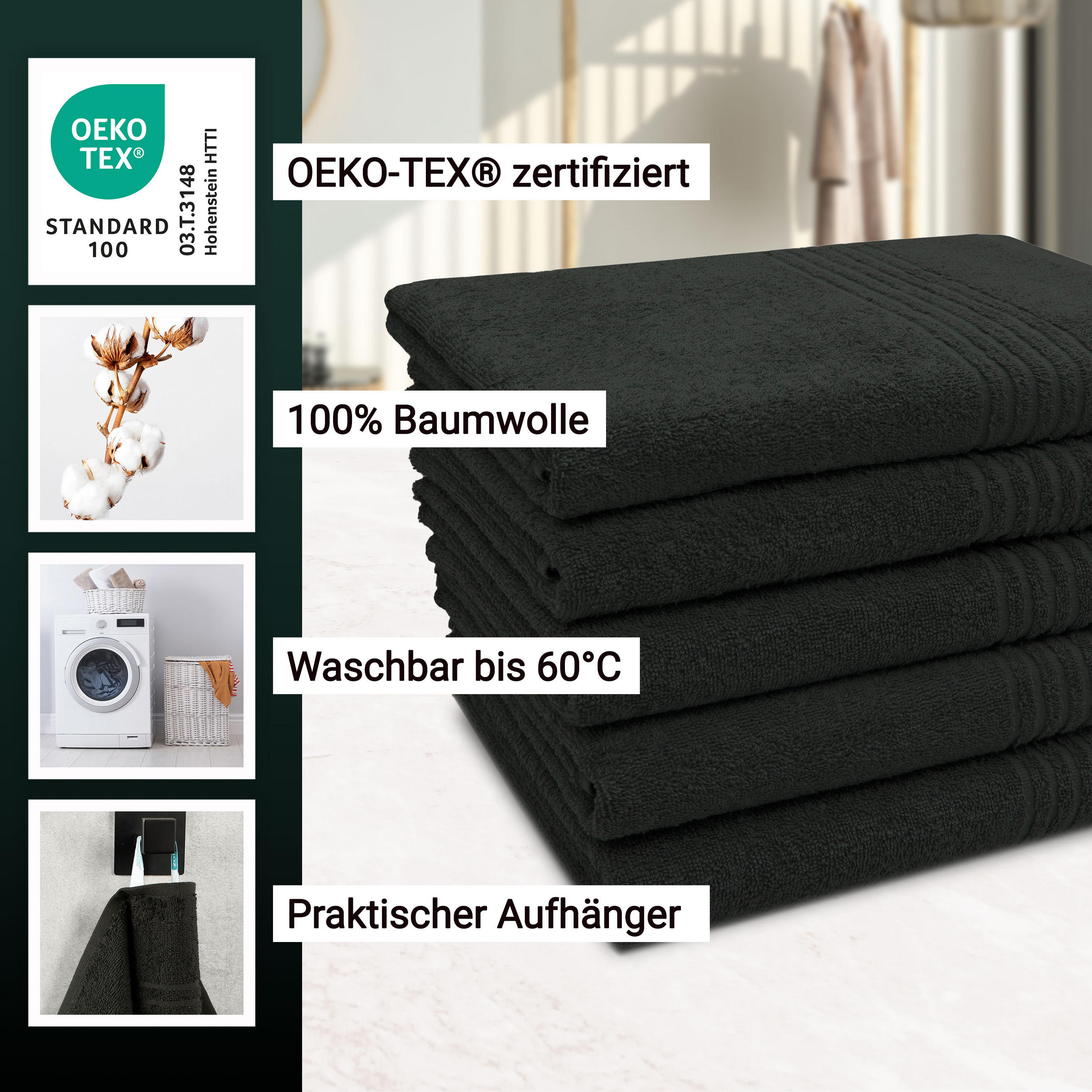 DUSCHTÜCHER, 5er-Set, 70x140 cm, 100% Baumwolle, Schwarz - Schwarz, Textil (50/140cm) - Zollner