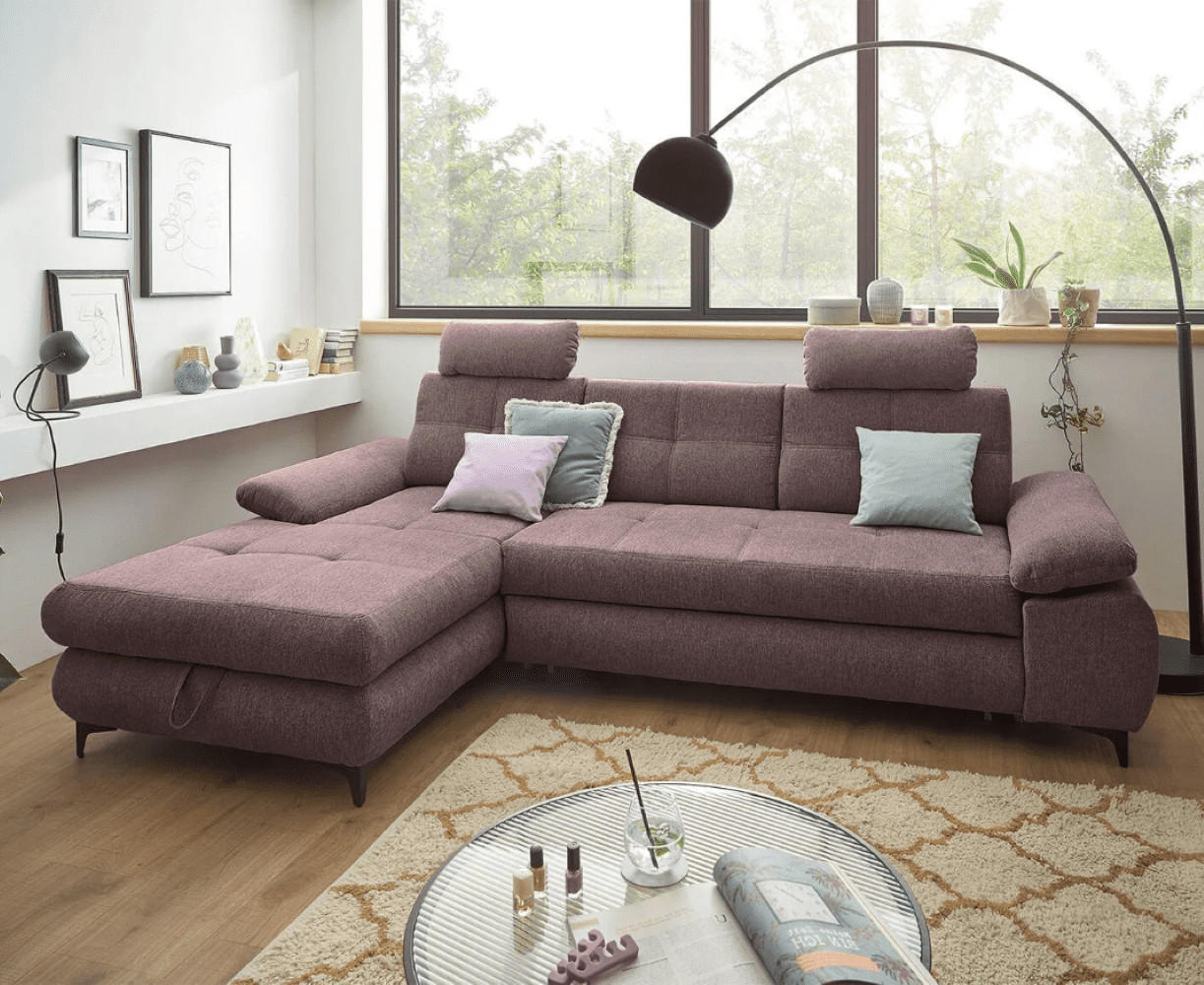 ECKSOFA mit Schlaffunktion und Bettkasten - Aubergine/Schwarz, Kunststoff/Textil (274/177cm) - ed exciting design