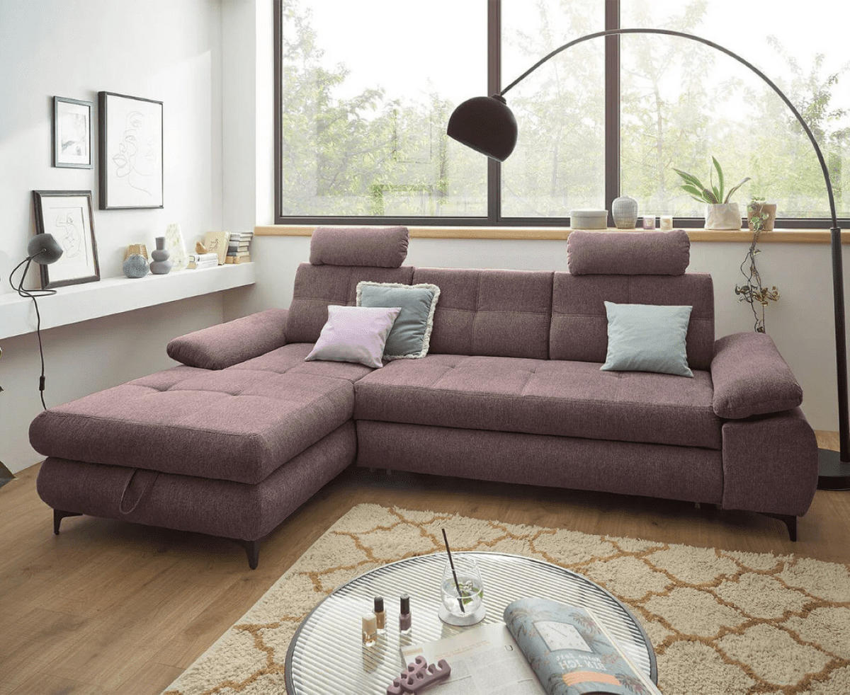 ECKSOFA mit Schlaffunktion und Bettkasten - Aubergine/Schwarz, Kunststoff/Textil (274/177cm) - ed exciting design