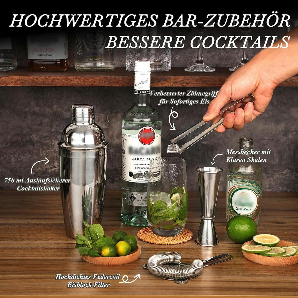 COCKTAIL Shaker Set 20-teilig Edelstahl 750 ml mit Ständer - Silberfarben, Metall (25/15/30cm)