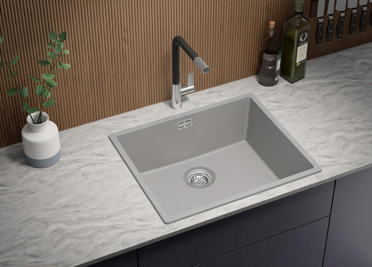 GRANITSPÜLE London Slim, 2-er set Grau 56/47 cm 1 Becken + Küchenarmatur 40/20 cm + Ablauf-Set ab 60er Unterschrank - Chromfarben/Grau, Kunststoff (56/20/47cm) - Primagran