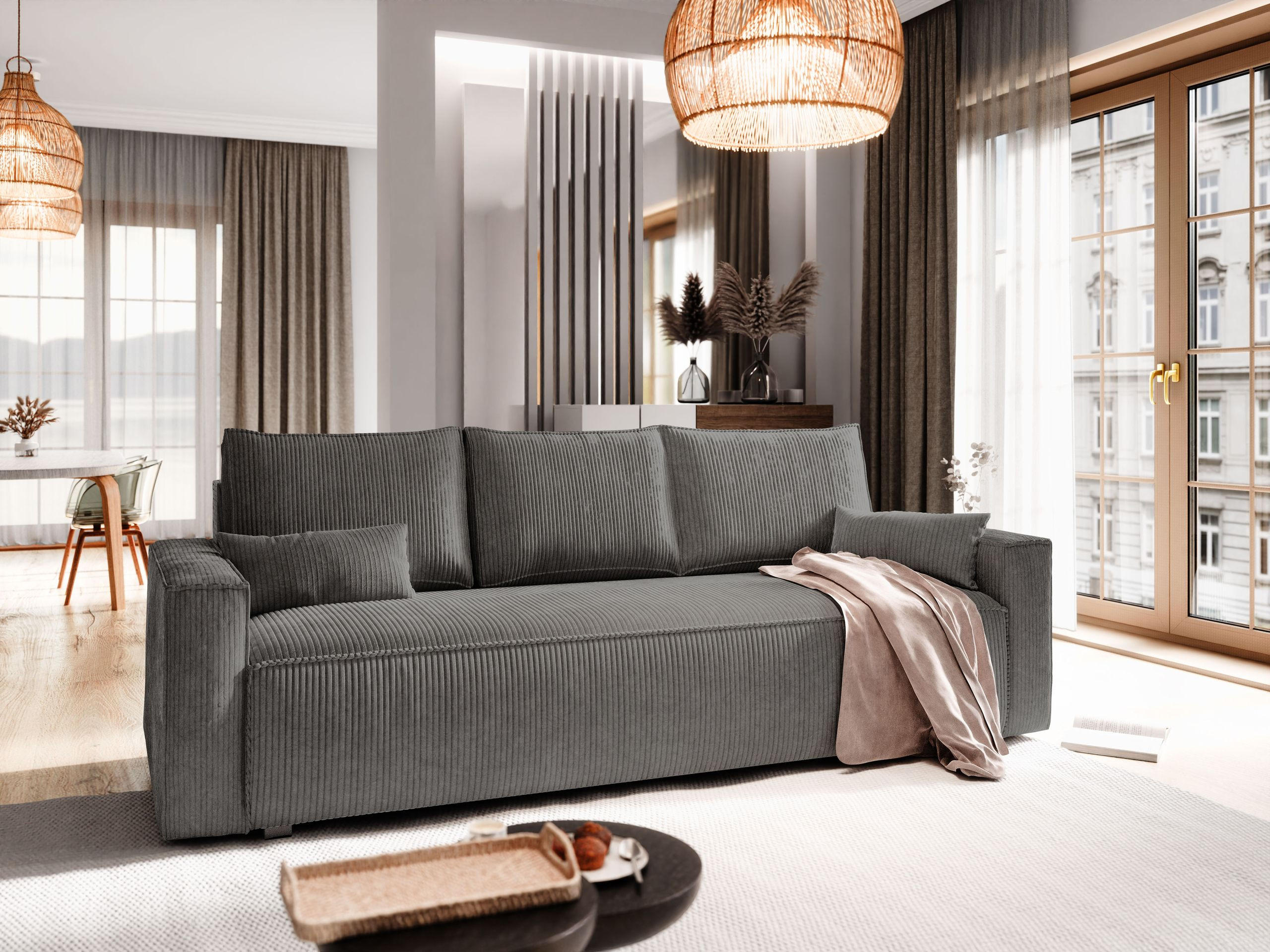 BETTSOFA MENI Graphitfarben Kordstoff mit Schlaffunktion - Graphitfarben, Textil (232/83/87cm) - MASSENO