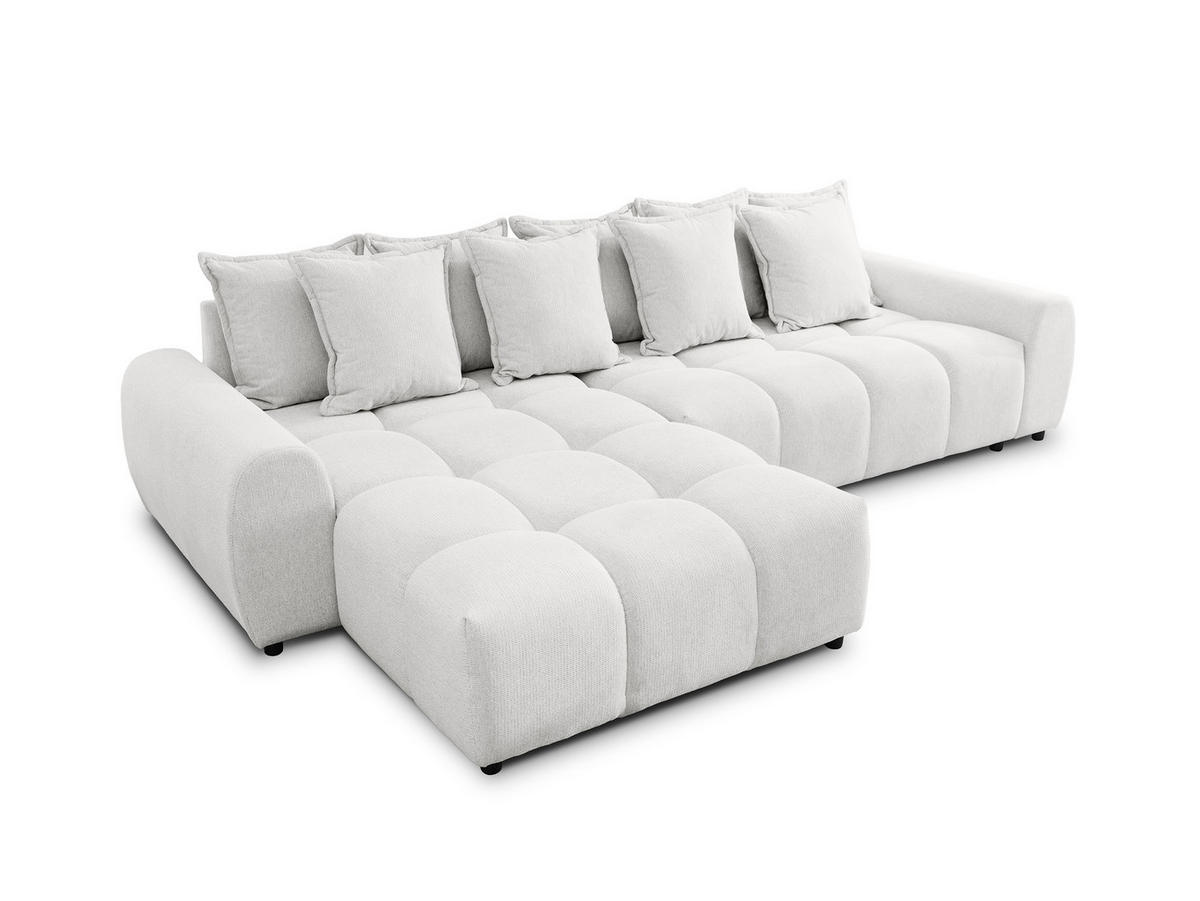 ECKSOFA Bubble mit losen Rückenkissen und Sitzfläche in Bubble-Optik aus weichem Creme Strukturstoff mit schöner Sitzkomfort - Ottomane links - Creme/Schwarz, Holz/Kunststoff (180/306cm) - S-Style Möbel